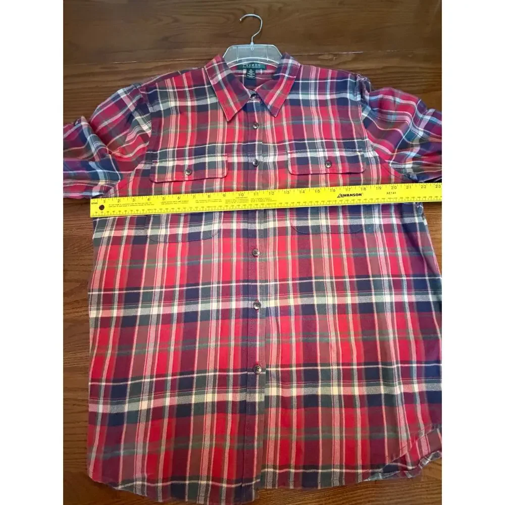 Lauren Ralph Lauren Red Blue Plaid 100% Cotton Flannel Shirt Womens XL Roll Tab